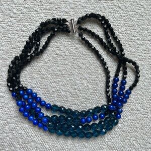 Chunky Black & Blue Multi‑Strand Beaded Statement Necklace – 20” Layered Design